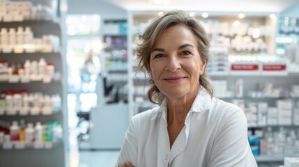 Smiling woman in white shirt standing in front of shelves filled with various medications and health products in a pharmacy or drugstore setting. - obrazy, fototapety, plakaty