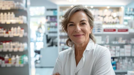 Zelfklevend Fotobehang Smiling woman in white shirt standing in front of shelves filled with various medications and health products in a pharmacy or drugstore setting. © iuricazac