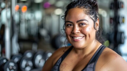 Smiling woman in gym wearing black sports bra standing in front of weightlifting equipment. - obrazy, fototapety, plakaty