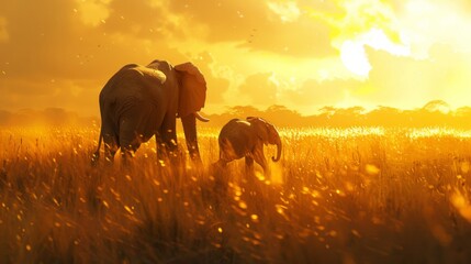 An endearing illustration of a mother elephant leading her baby elephant through a field of tall grass, with the setting sun casting a warm, golden glow over the scene - obrazy, fototapety, plakaty