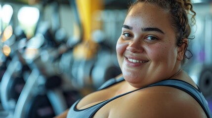 Smiling woman in gym wearing sports bra surrounded by exercise equipment. - obrazy, fototapety, plakaty