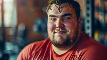 A man with a beard wearing a red shirt smiling at the camera with a glistening face possibly after a workout set against a blurred gym background.