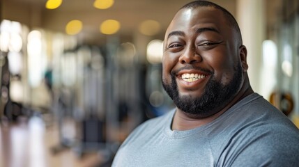Smiling man with beard in gym wearing gray t-shirt standing in front of blurred exercise equipment.