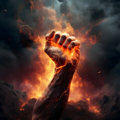 Male fist on fire on a black background. AI generated.