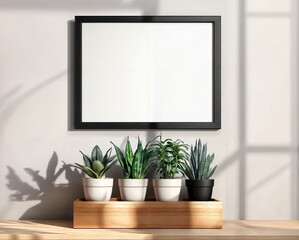 Living room interior design showcasing a blank white board poster placed above four potted plants in a mockup setting