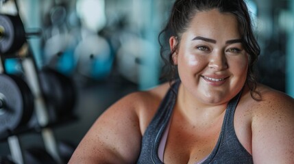 Obraz premium Smiling woman with freckles wearing a gray sports bra in a gym setting with blurred weights and exercise equipment in the background.