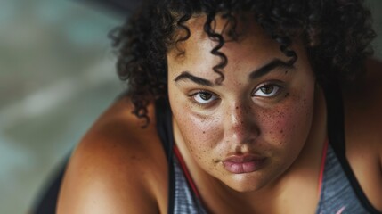 A close-up of a woman with curly hair and freckles wearing a sports bra looking directly at the camera with a neutral expression. - obrazy, fototapety, plakaty