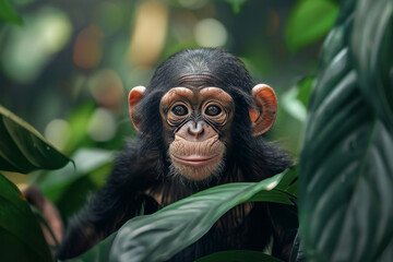 Close up portrait of a happy baby chimpanzee with a smile behind lush jungle leaves on blurred forest background - obrazy, fototapety, plakaty