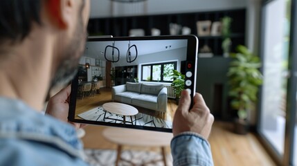 Man using AR software on digital tablet to select 3D furniture for living room decor. - obrazy, fototapety, plakaty