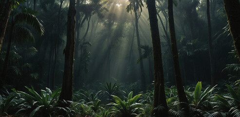 Image depicts a dense jungle with palm trees and ferns and the sun's rays shine through the trees, illuminating the scene - obrazy, fototapety, plakaty