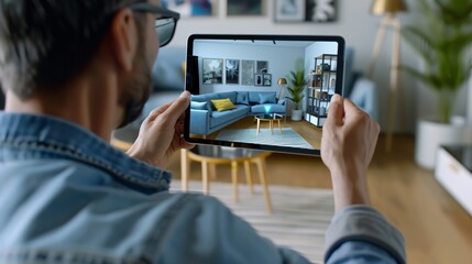 Man using augmented reality software on tablet to select furniture for living room. - obrazy, fototapety, plakaty
