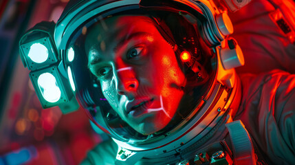 Close up portrait of young astronaut working on space mission under red and green colorful neon light