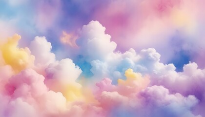 Fototapeta na wymiar Colorful watercolor background of abstract sunset sky with puffy clouds in bright rainbow colors of pink blue yellow orange and purple