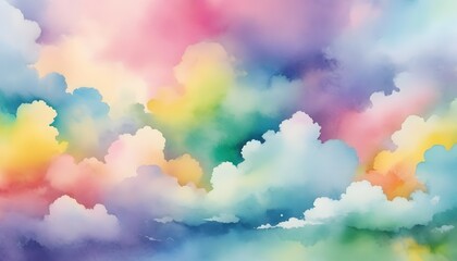 Colorful watercolor background of abstract sunset sky with puffy clouds in bright rainbow colors of...
