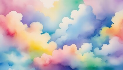 Colorful watercolor background of abstract sunset sky with puffy clouds in bright rainbow colors of blue yellow, green, and purple