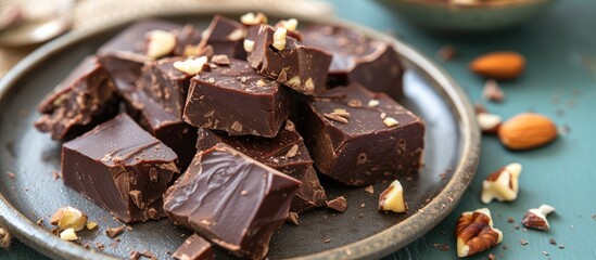 Chopped chocolate fudge with nuts on a plate.