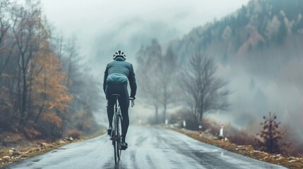 A lone cyclist pedaling down a misty mountain road surrounded by autumnal trees and fog with a backpack and helmet for safety. - obrazy, fototapety, plakaty