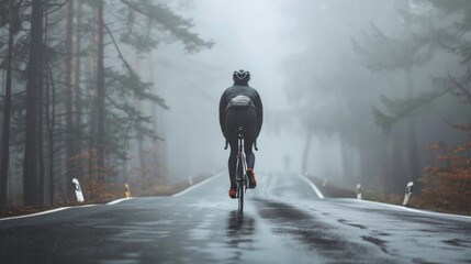 A solitary cyclist pedaling down a misty wet road surrounded by fog and trees with a backpack riding in a forward-leaning position. - obrazy, fototapety, plakaty