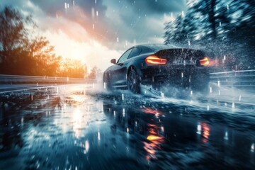 Automotive lighting illuminates a wet road as car drives in the rain