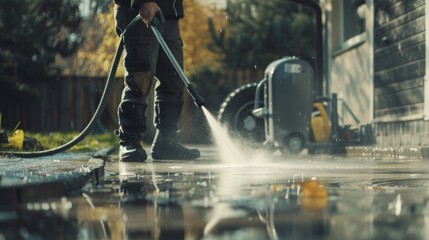 A person using a pressure washer to clean a driveway. - obrazy, fototapety, plakaty