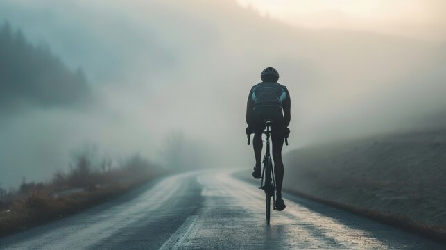 A lone cyclist pedaling down a foggy mountain road with a backpack facing away from the camera and the sun rising in the background.