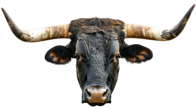 A closeup of portrait of the head and face of a large black and white Longhorn bull with hay hanging out of his mouth and his long horns extending out of the photo. isolated with clipping path