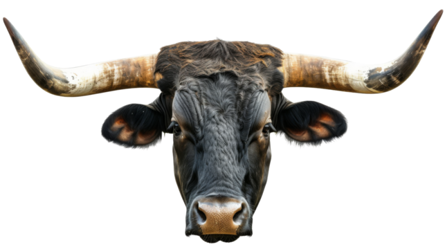 A closeup of portrait of the head and face of a large black and white Longhorn bull with hay hanging out of his mouth and his long horns extending out of the photo. isolated with clipping path