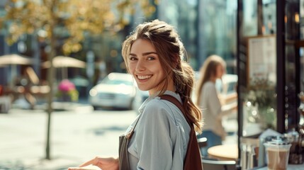 A cheerful woman with long hair wearing a light blue shirt and brown suspenders smiling at the camera standing outside a caf? with a car and pedestrians in the background. - obrazy, fototapety, plakaty