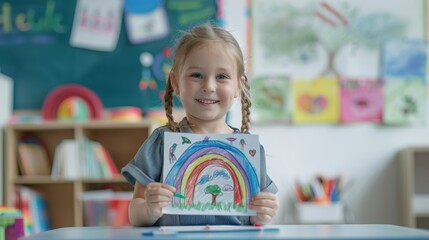 Fototapeta na wymiar A young girl with braids smiling holding a colorful rainbow drawing in a classroom setting with bookshelves and artwork in the background.