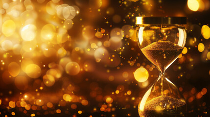 Golden shiny sand running through the bulbs of an hourglass measuring the passing time