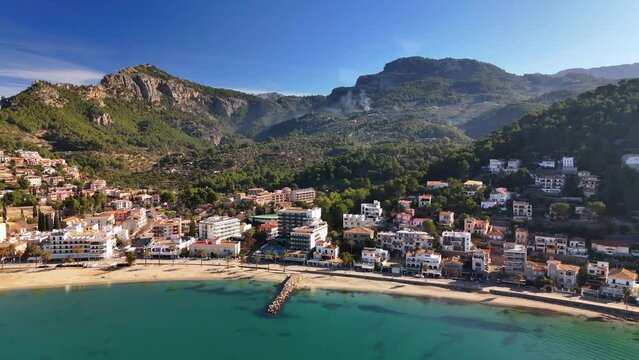 An aerial view of Port de Soller, Mallorca early morning