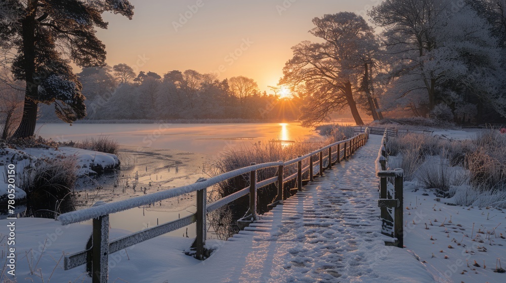 Sticker A frosty boardwalk glistens over Pudmore Pond in the early morning winter sun at Thursley Nature Reserve in Surrey, 