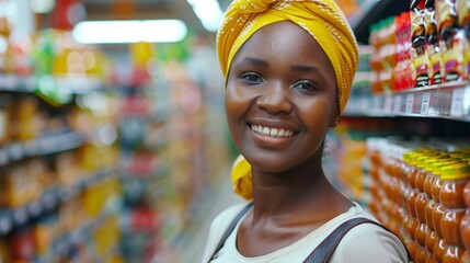 Smiling woman with yellow headscarf in supermarket aisle. - obrazy, fototapety, plakaty