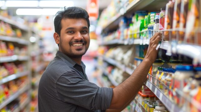 A Smiling Man In A Store Aisle Reaching For A Product On A Shelf Surrounded By Various Packaged Goods.