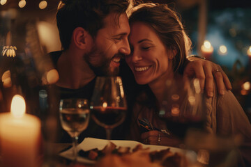 Happy young couple in love hugging each other and drinking wine on the anniversary dating night - obrazy, fototapety, plakaty