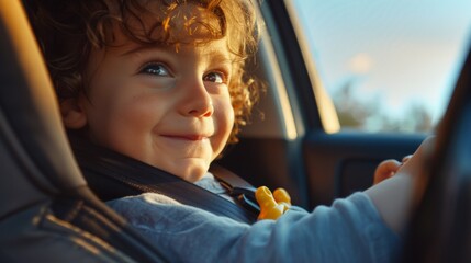 A young child with curly hair wearing a car seat looking out the window with a joyful expression. - obrazy, fototapety, plakaty