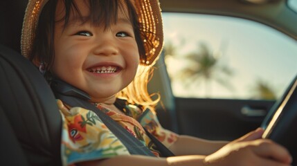 A joyful young child wearing a straw hat sitting in a car seat smiling brightly with their hands on the steering wheel seemingly enjoying a car ride. - obrazy, fototapety, plakaty