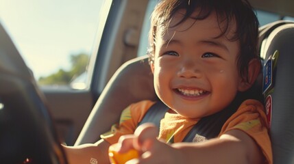 A joyful young child in a car seat smiling broadly with their hand on the steering wheel suggesting a playful moment during a car ride. - obrazy, fototapety, plakaty