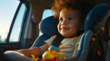 A joyful young child with curly hair seated in a car seat holding a toy looking out the window with a smile.