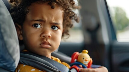 A young child with curly hair looking concerned sitting in a car seat holding a toy. - obrazy, fototapety, plakaty