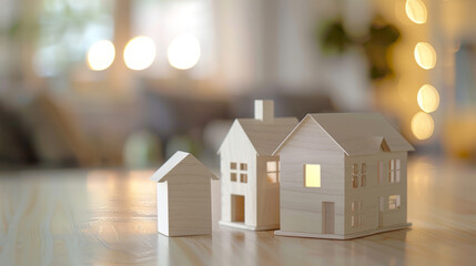 House model on blurred living room background, real estate concept