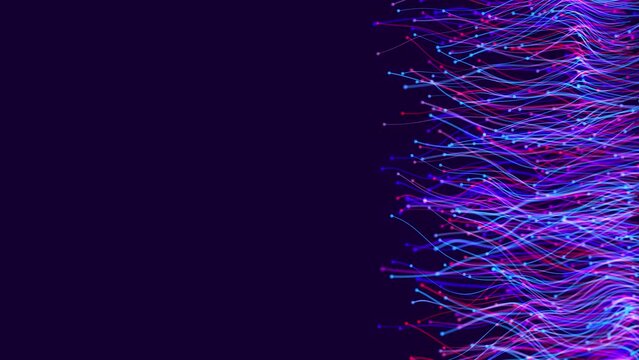 Flow of particles form wall. Luma matte as alpha channel. Motion design bg multicolor curves of particles. Abstract bg with slow moving particles with tails. Abstract undulating particles with trails.