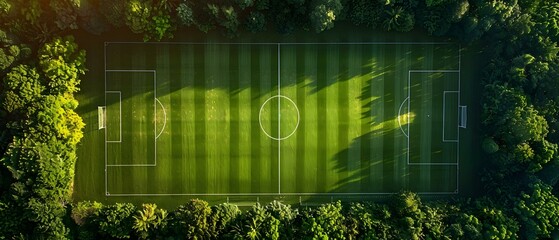 Aerial View: Sun-kissed Soccer Field Amidst Nature. Concept Aerial Photography, Nature Landscapes, Sunlight and Shadows, Sports Fields, Soccer Scenery