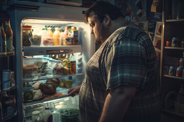 Fototapeta na wymiar overweight man chooses food near an open refrigerator