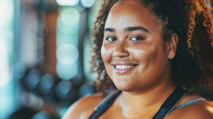 A smiling woman with curly hair and freckles wearing a sports bra with a blurred background suggesting an indoor setting. - obrazy, fototapety, plakaty