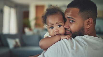 Fototapeta premium A man with a beard and short hair wearing a white t-shirt holding a baby with curly hair and a concerned expression in a blurred indoor setting.