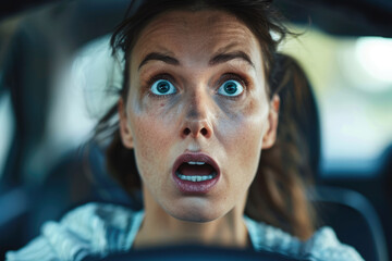 Scared frightened woman driver screaming