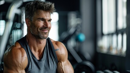 Fototapeta na wymiar A bearded man with a muscular build wearing a sleeveless top smiling in a gym setting with exercise equipment in the background.