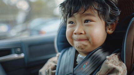 A young child with a joyful expression sitting in a car seat looking out the window with a slight smile. - obrazy, fototapety, plakaty