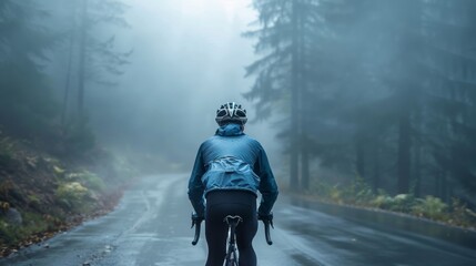 A cyclist in a blue jacket and black pants wearing a helmet riding a bicycle on a foggy wet road surrounded by trees.